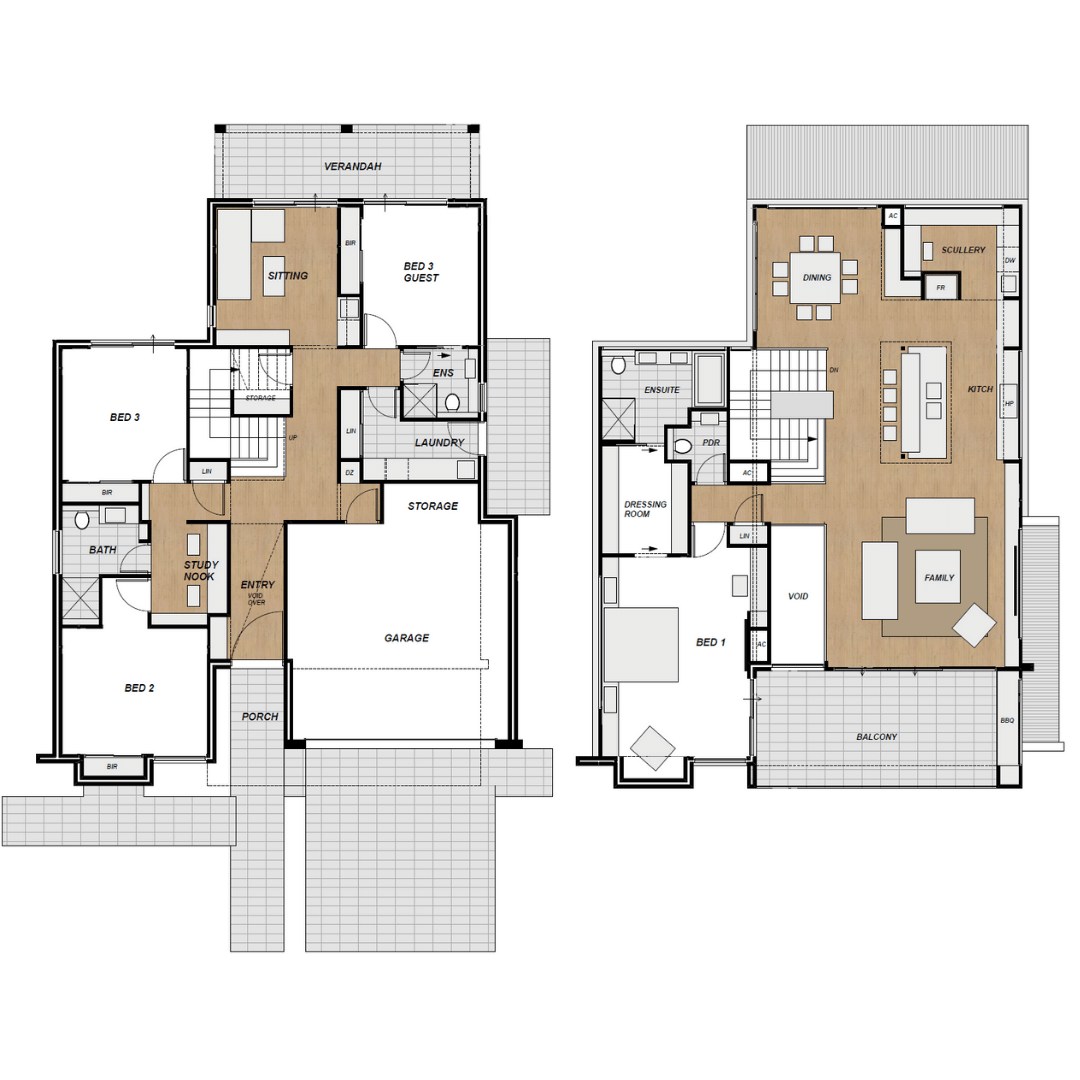 two storey floor plans with front facing balcony